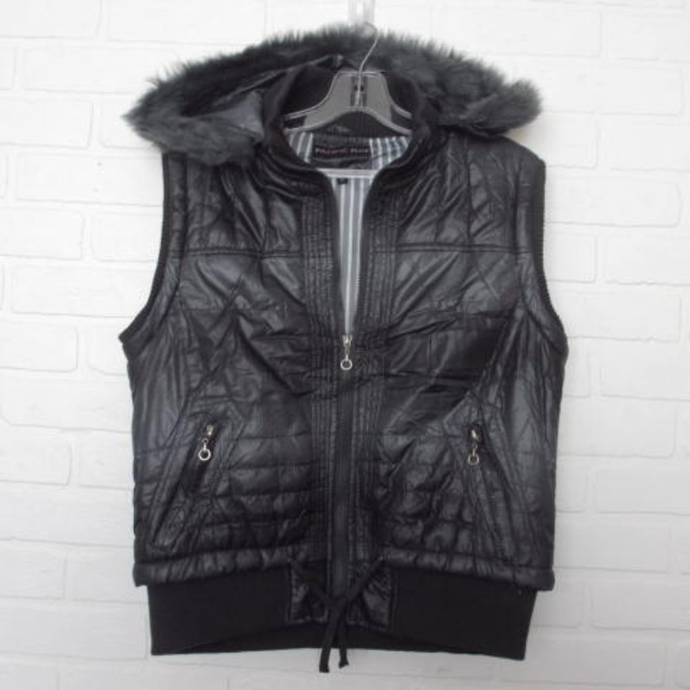 Pacific Blue Insulated Charcoal Grey Faux Fur Hood Quilted Winter Vest